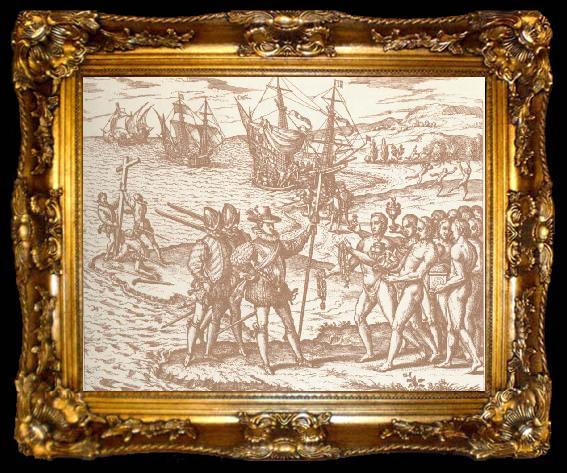 framed  unknow artist Columbia disembark pa Haiti with they royal spear in hand, ta009-2